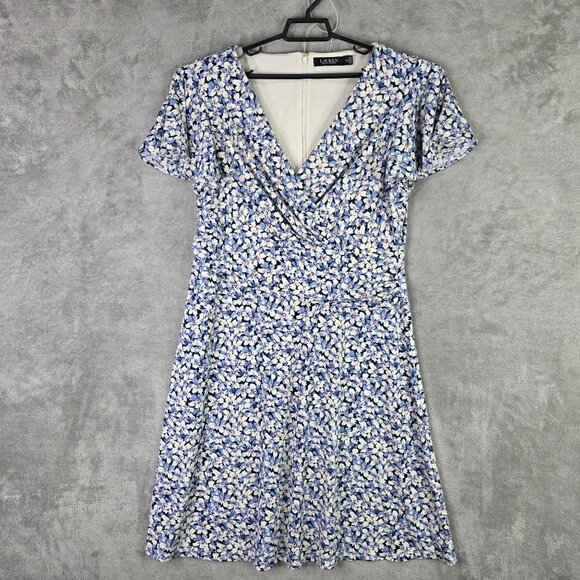 Womens Lauren Ralph Lauren Floral Dress V Neck Short Sleeve Polyester Stretch 16 - Picture 2 of 9